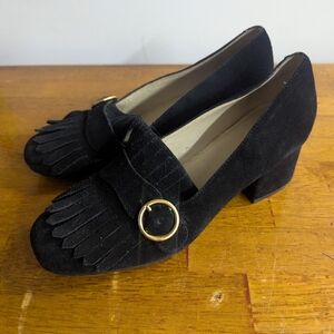 Marc Fisher Black Suede Block Pumps Kiltie Accent